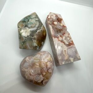 Flower Agate Crystal Carving Bundle, 583 grams, with Druzy Quartz, Moss Agate